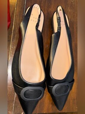 Black Pointed Slingback Flats with Decorative Oval Buckle